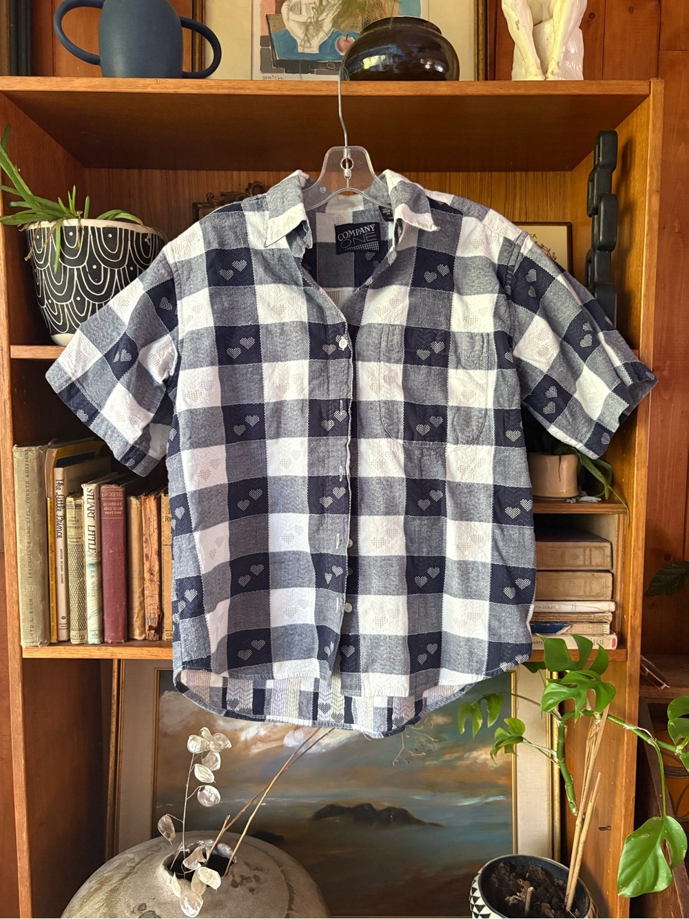 Vintage 90s Gingham Heart CottageCore Button Down M